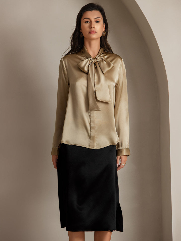 19Momme Silk Long Sleeve Tie Neck Blouse
