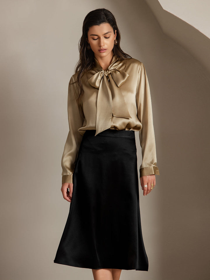 19Momme Silk Long Sleeve Tie Neck Blouse