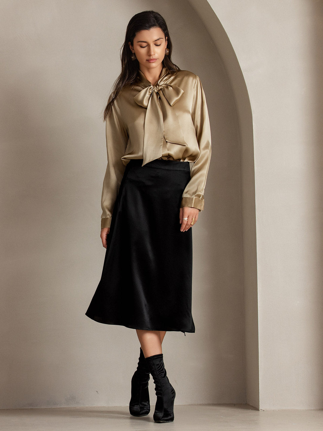 19Momme Silk Long Sleeve Tie Neck Blouse