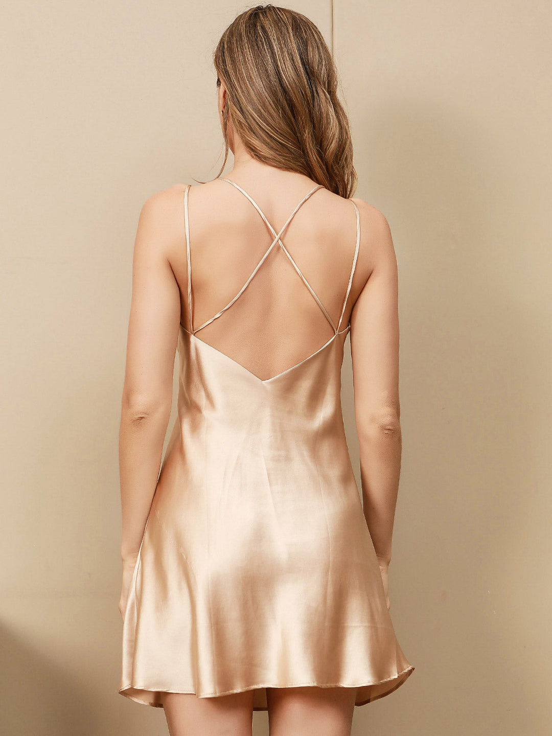 Pure Silk Spaghetti Strap V-neck Short Nightdress with Criss Cross Back Design