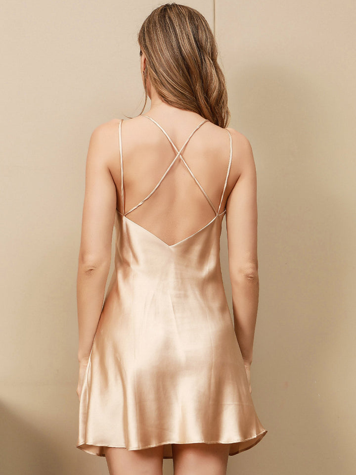 Pure Silk Spaghetti Strap V-neck Short Nightdress with Criss Cross Back Design