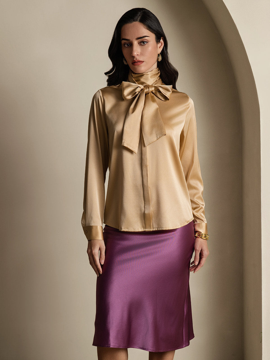 19Momme Silk Long Sleeve High Neck Bow Tie Blouse