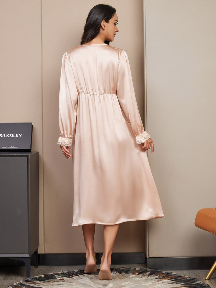 Pure Silk Long Sleeve V-neck Midi Nightdress with Lace Design