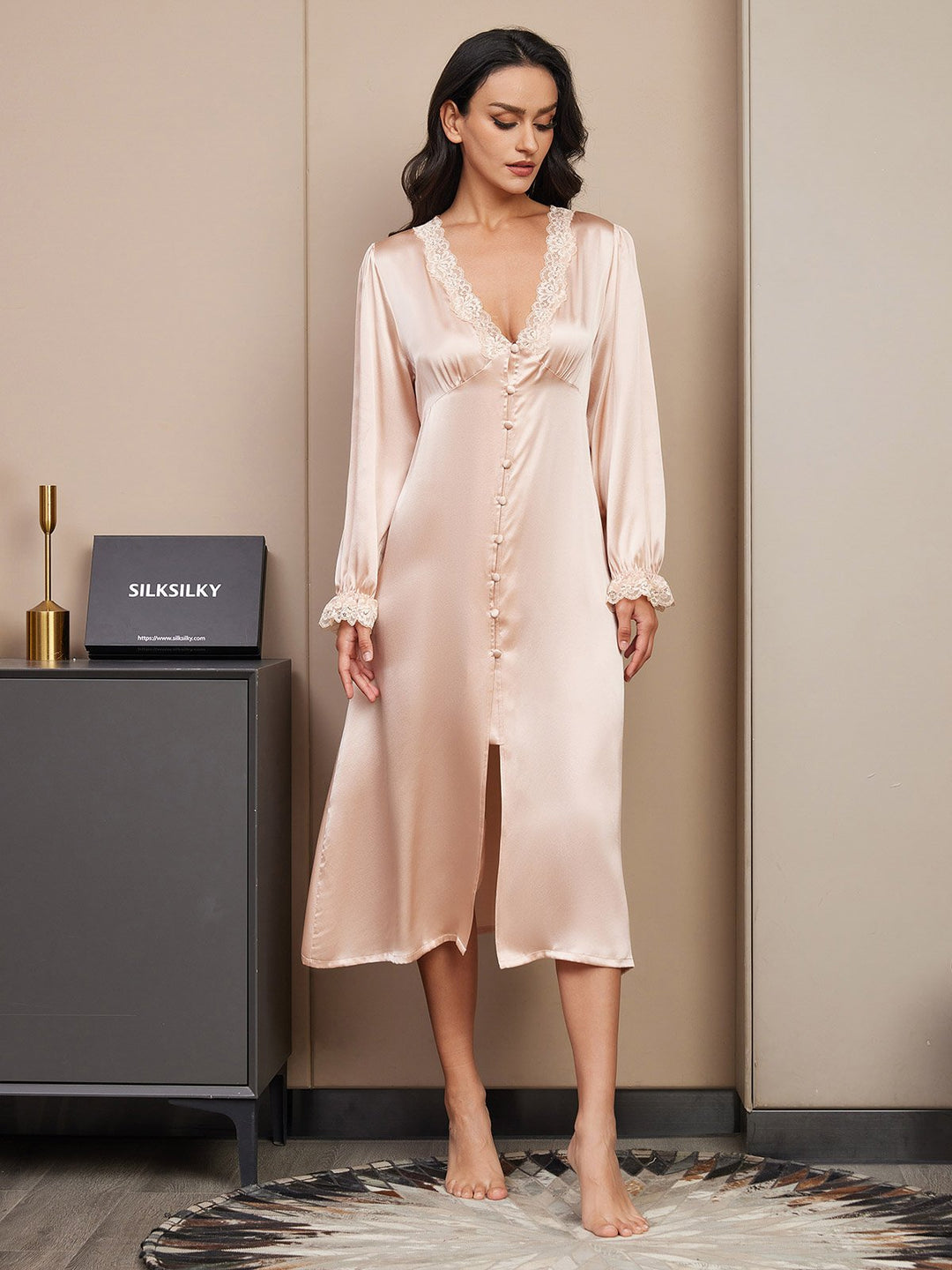 Pure Silk Long Sleeve V-neck Midi Nightdress with Lace Design
