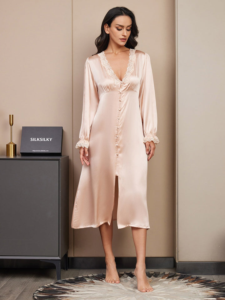 Pure Silk Long Sleeve V-neck Midi Nightdress with Lace Design