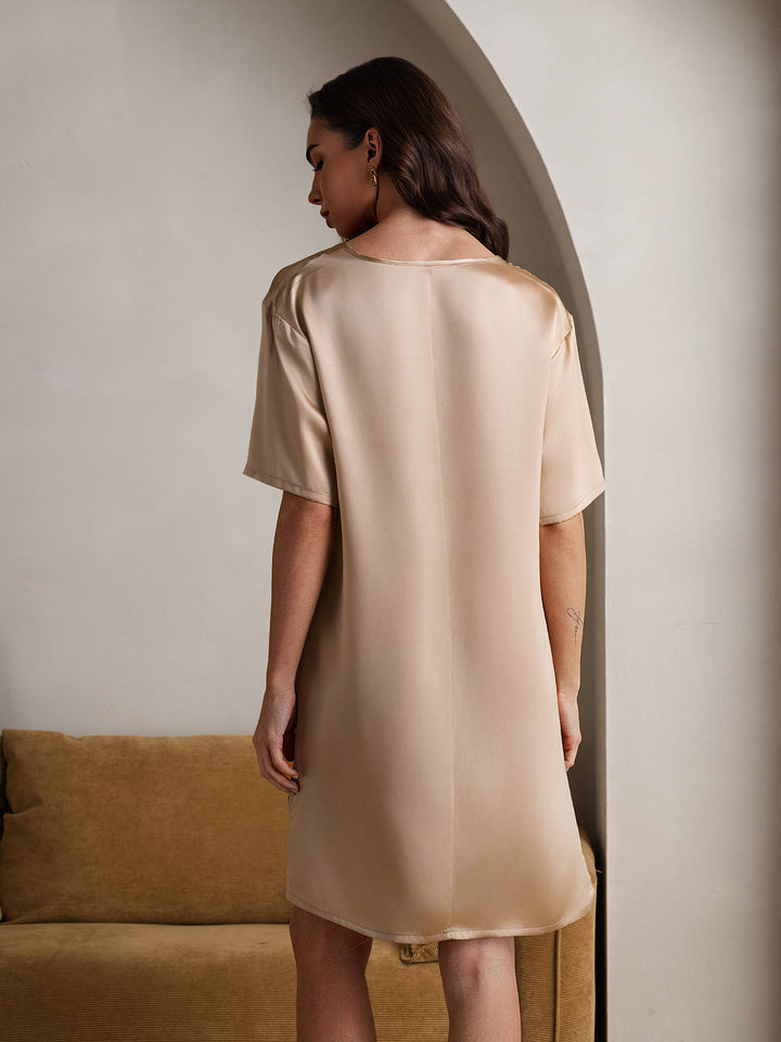 Pure Silk Half Sleeve V-neck Short Nightdress with Split Design