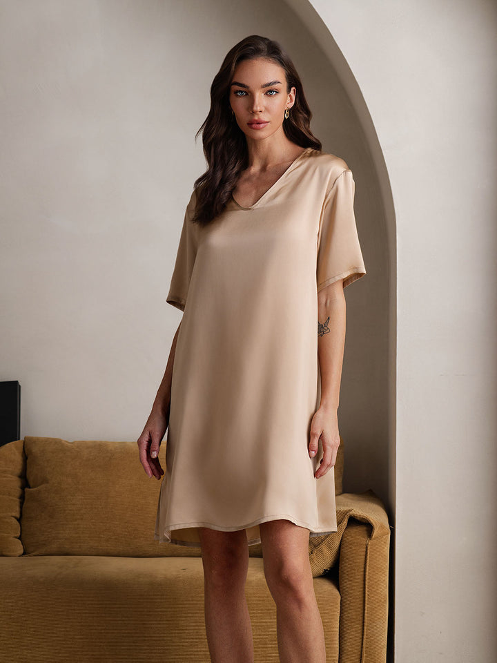 Pure Silk Half Sleeve V-neck Short Nightdress with Split Design