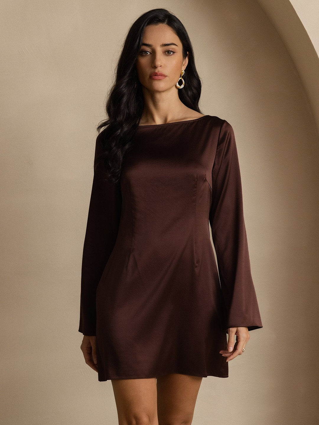 19Momme Silk Long Sleeve Boat Neck Short Dress