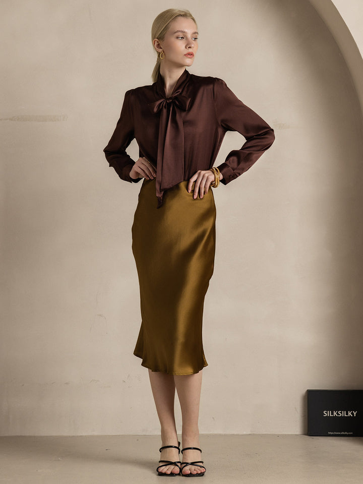 19Momme Silk Long Sleeve Tie Neck Blouse