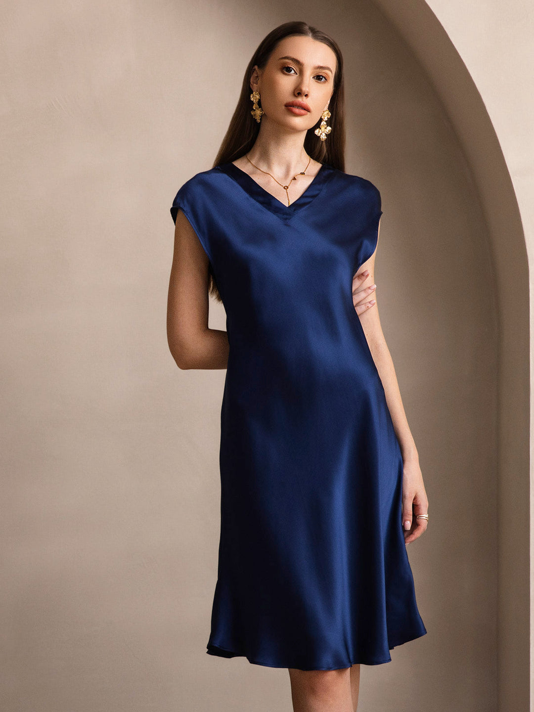 Pure Silk Cap Sleeve V Neck Knee Dress