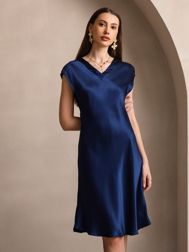 Pure Silk Cap Sleeve V Neck Knee Dress
