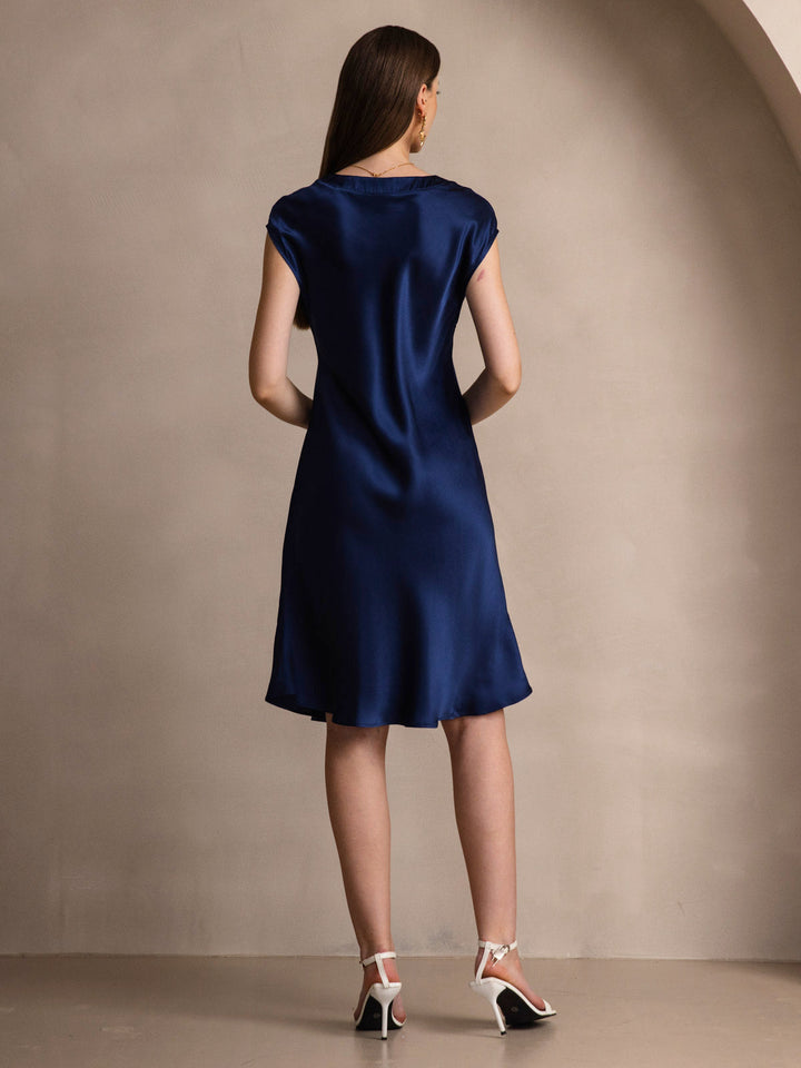 Pure Silk Cap Sleeve V Neck Knee Dress