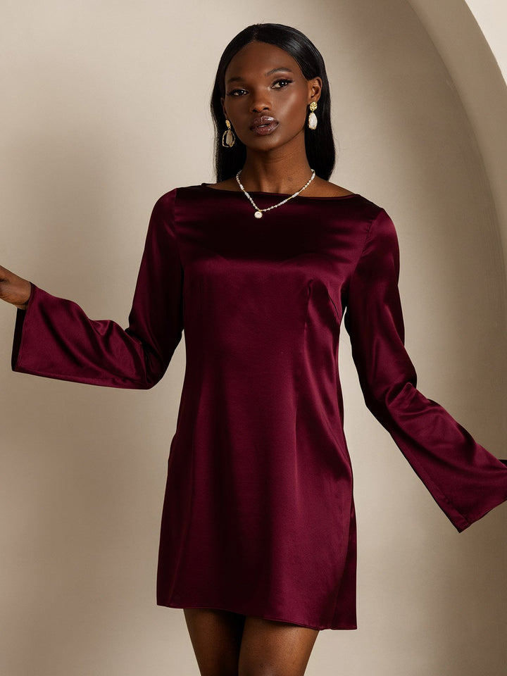 19Momme Silk Long Sleeve Boat Neck Short Dress