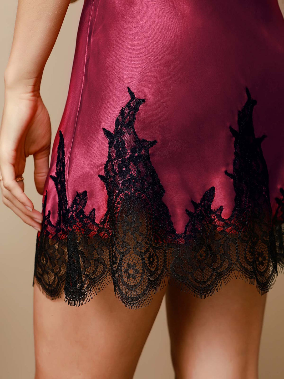 Pure Silk V Neck Short Nightdress&Dressing Gown Set with Lace Design