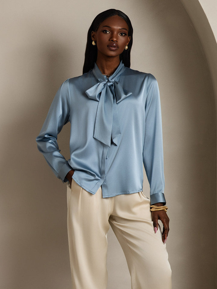 19Momme Silk Long Sleeve Tie Neck Blouse