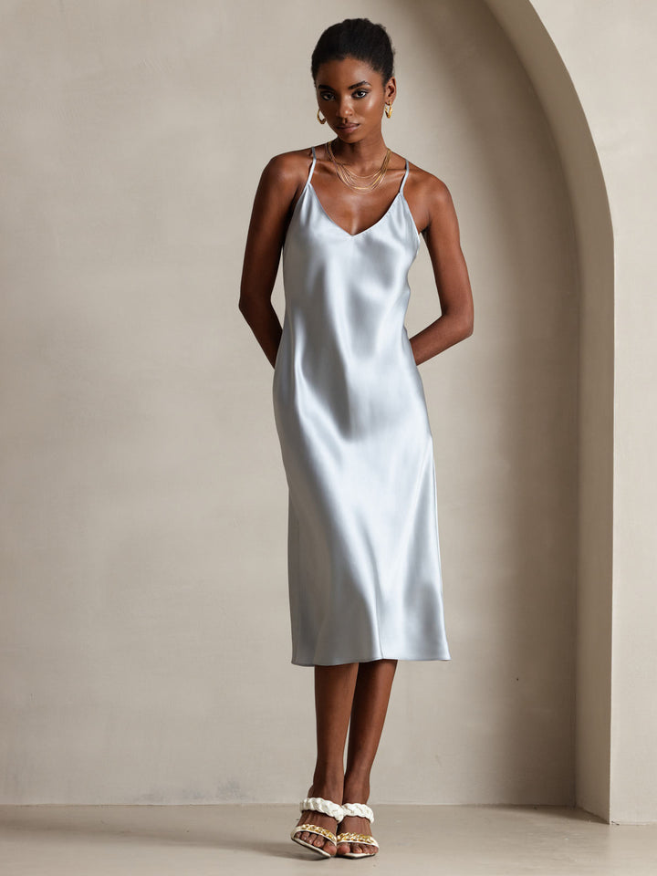 Pure Silk Spaghetti Strap V Neck Midi Dress with Criss Cross Back Design