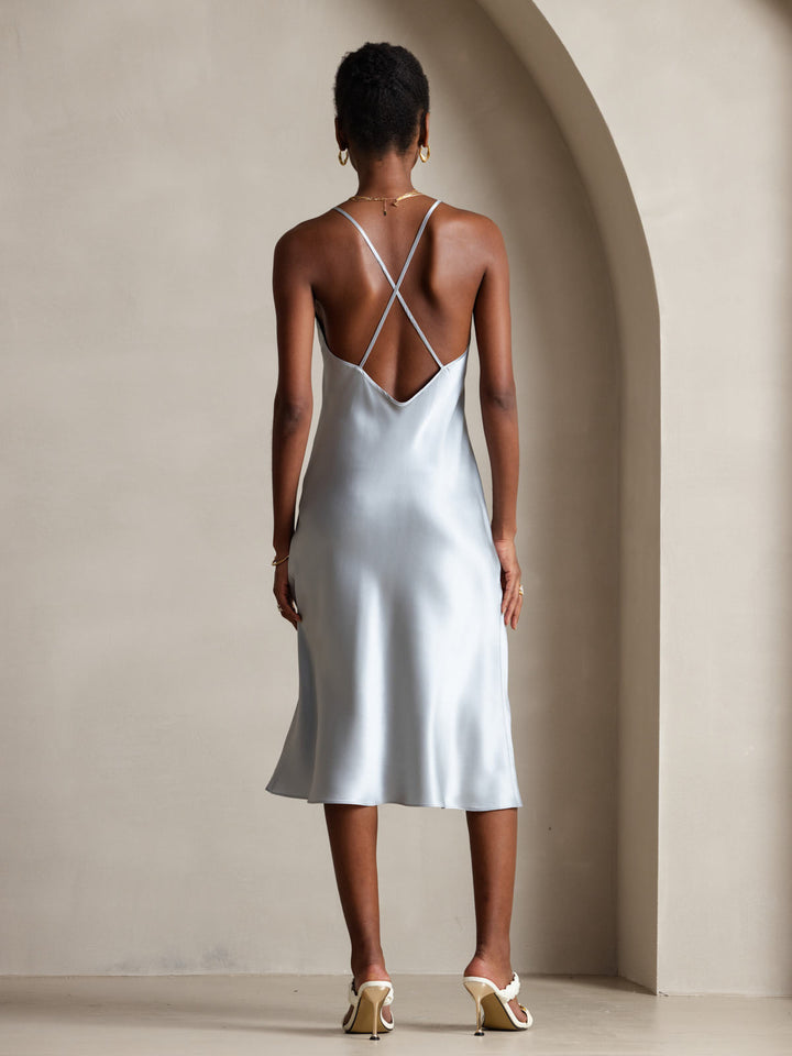 Pure Silk Spaghetti Strap V Neck Midi Dress with Criss Cross Back Design