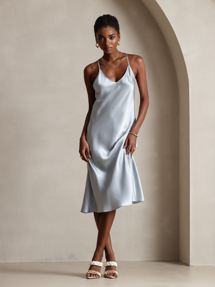 Pure Silk Spaghetti Strap V Neck Midi Dress with Criss Cross Back Design