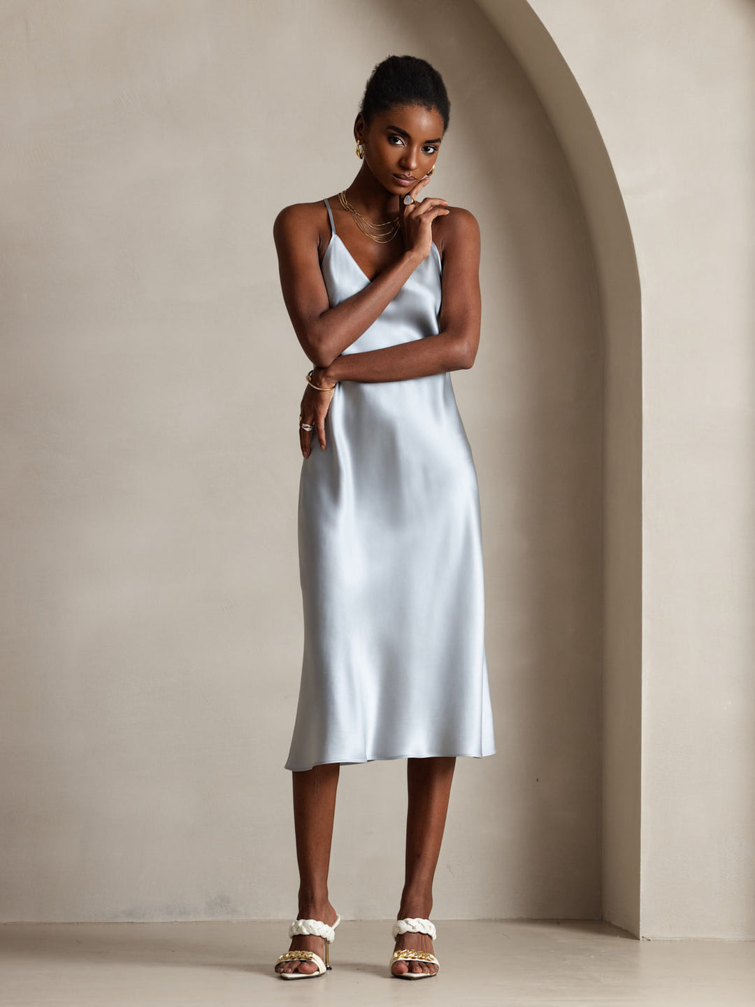 Pure Silk Spaghetti Strap V Neck Midi Dress with Criss Cross Back Design