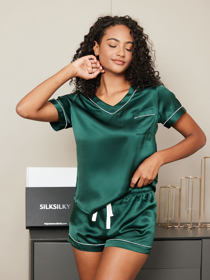 Pure Silk Short Sleeve V-neck Above the Knee Women's Pyjamas Set