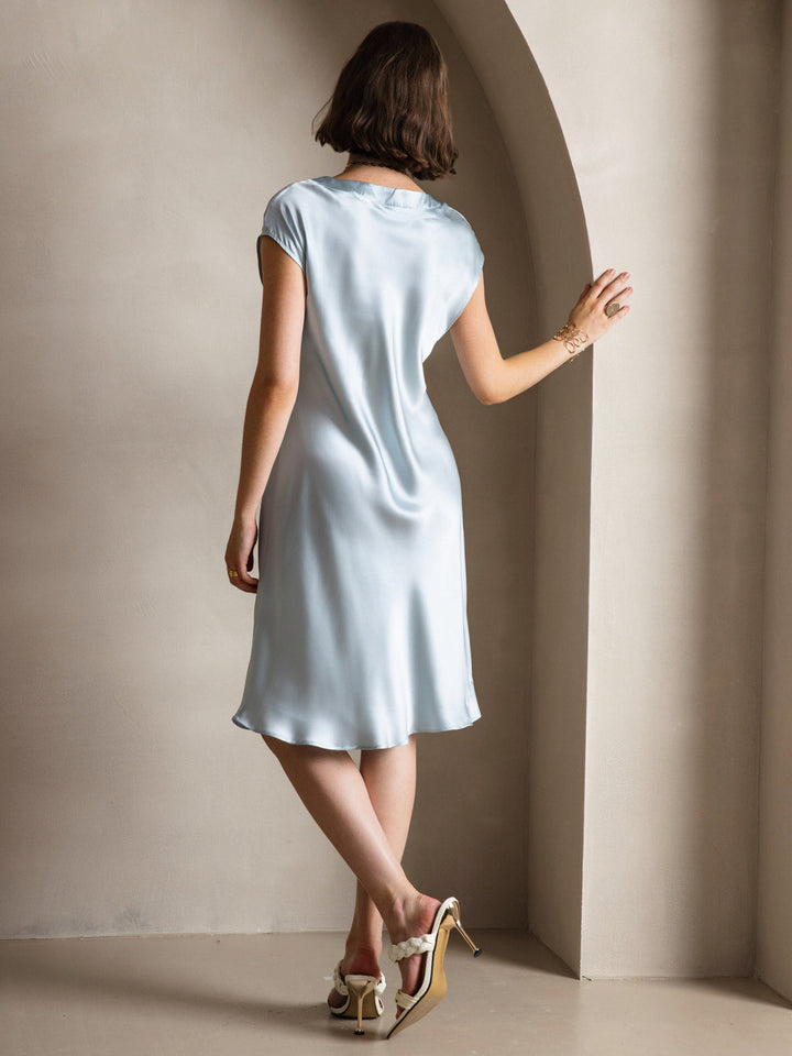 Pure Silk Cap Sleeve V Neck Knee Dress