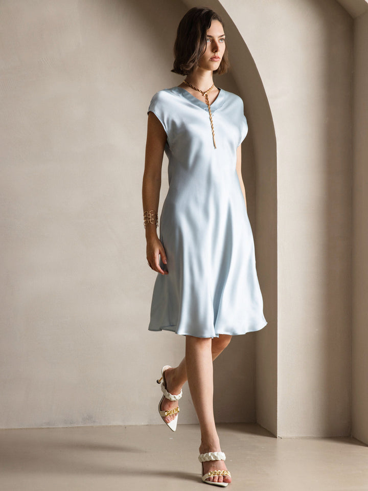 Pure Silk Cap Sleeve V Neck Knee Dress