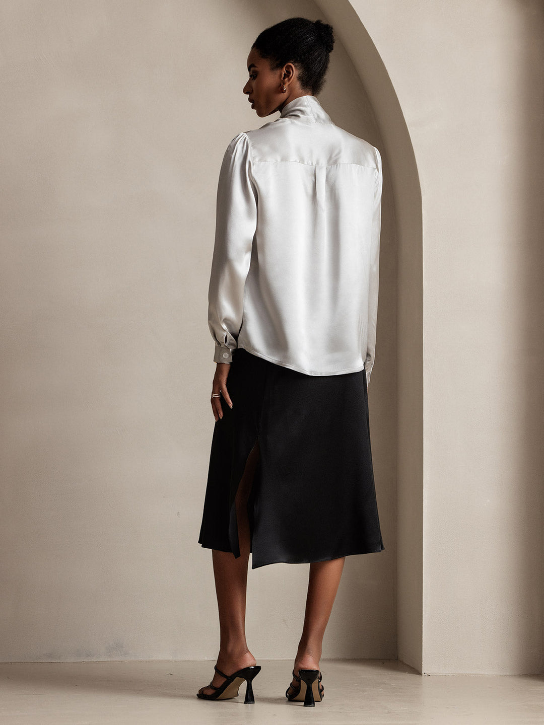 19Momme Silk Long Sleeve Tie Neck Blouse
