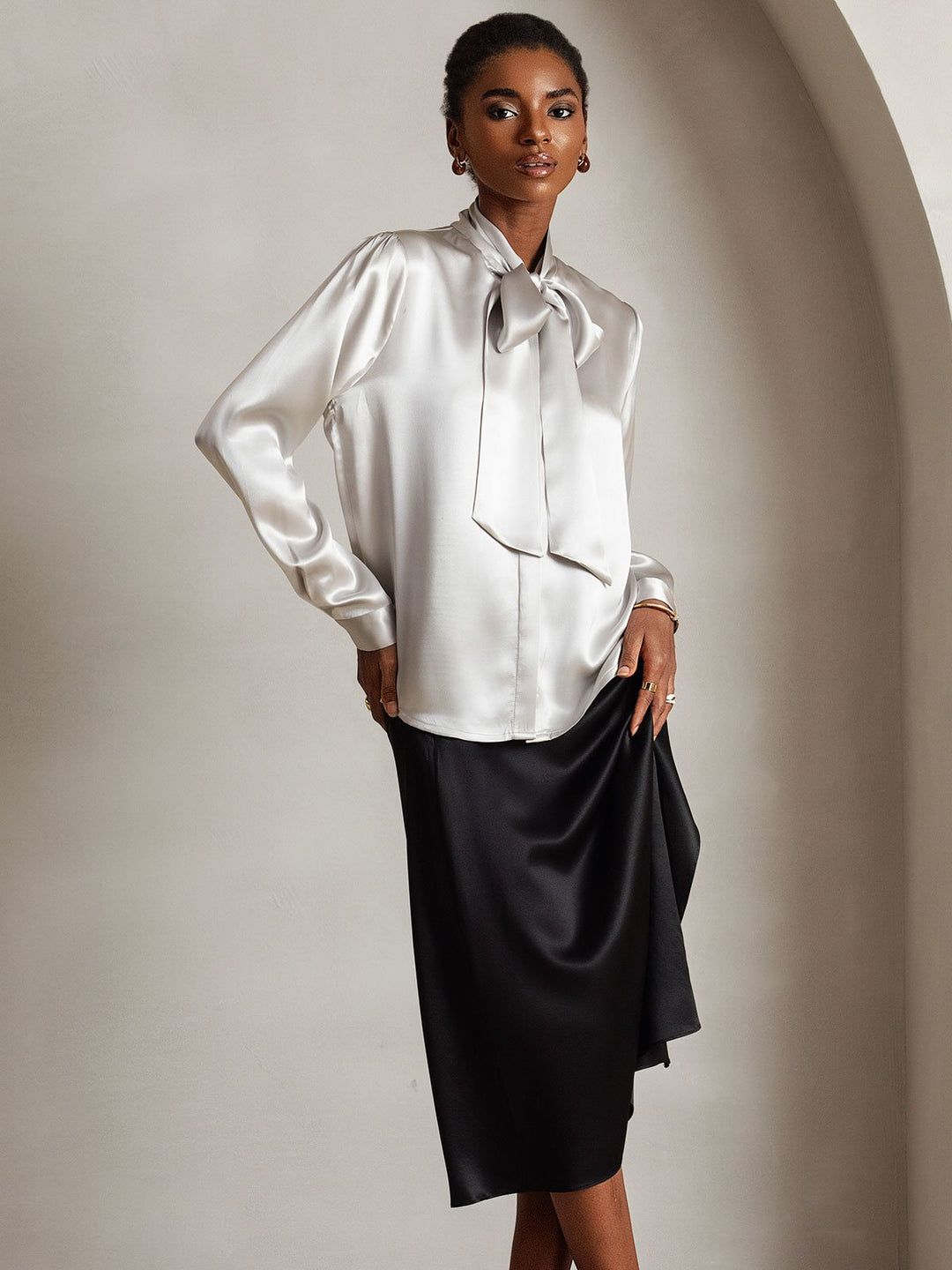 19Momme Silk Long Sleeve Tie Neck Blouse