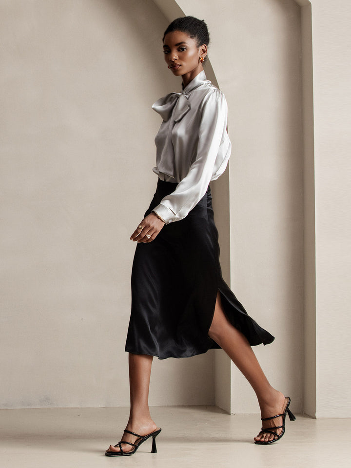 19Momme Silk Long Sleeve Tie Neck Blouse