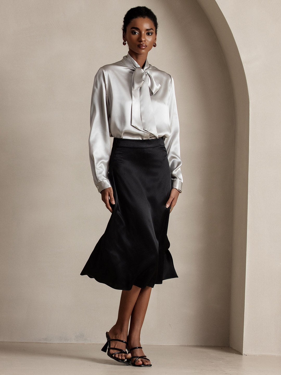 19Momme Silk Long Sleeve Tie Neck Blouse