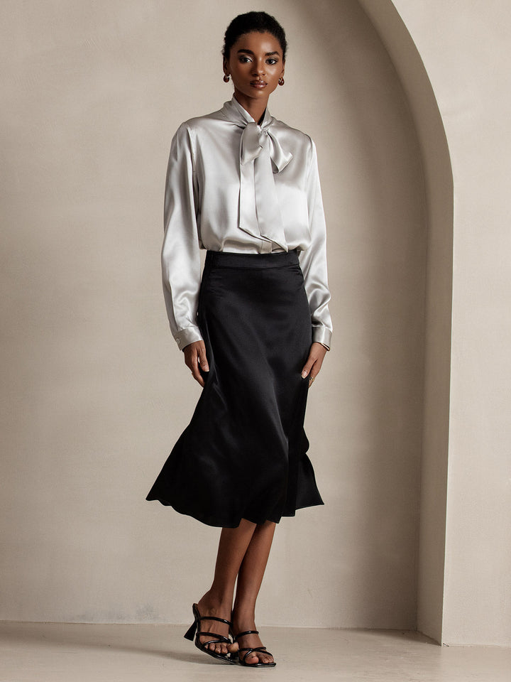 19Momme Silk Long Sleeve Tie Neck Blouse