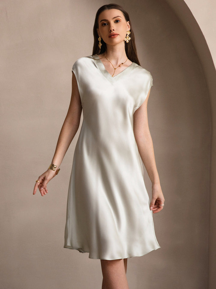 Pure Silk Cap Sleeve V Neck Knee Dress