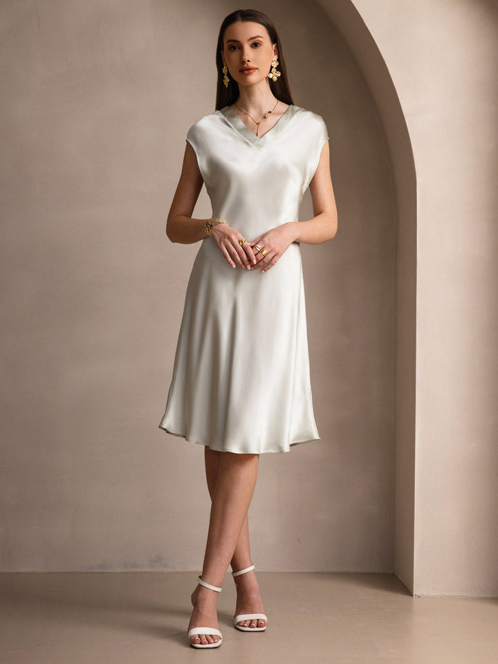 Pure Silk Cap Sleeve V Neck Knee Dress
