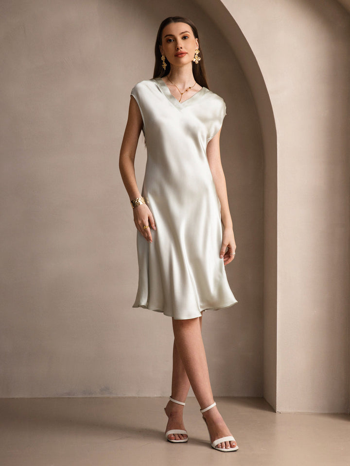 Pure Silk Cap Sleeve V Neck Knee Dress