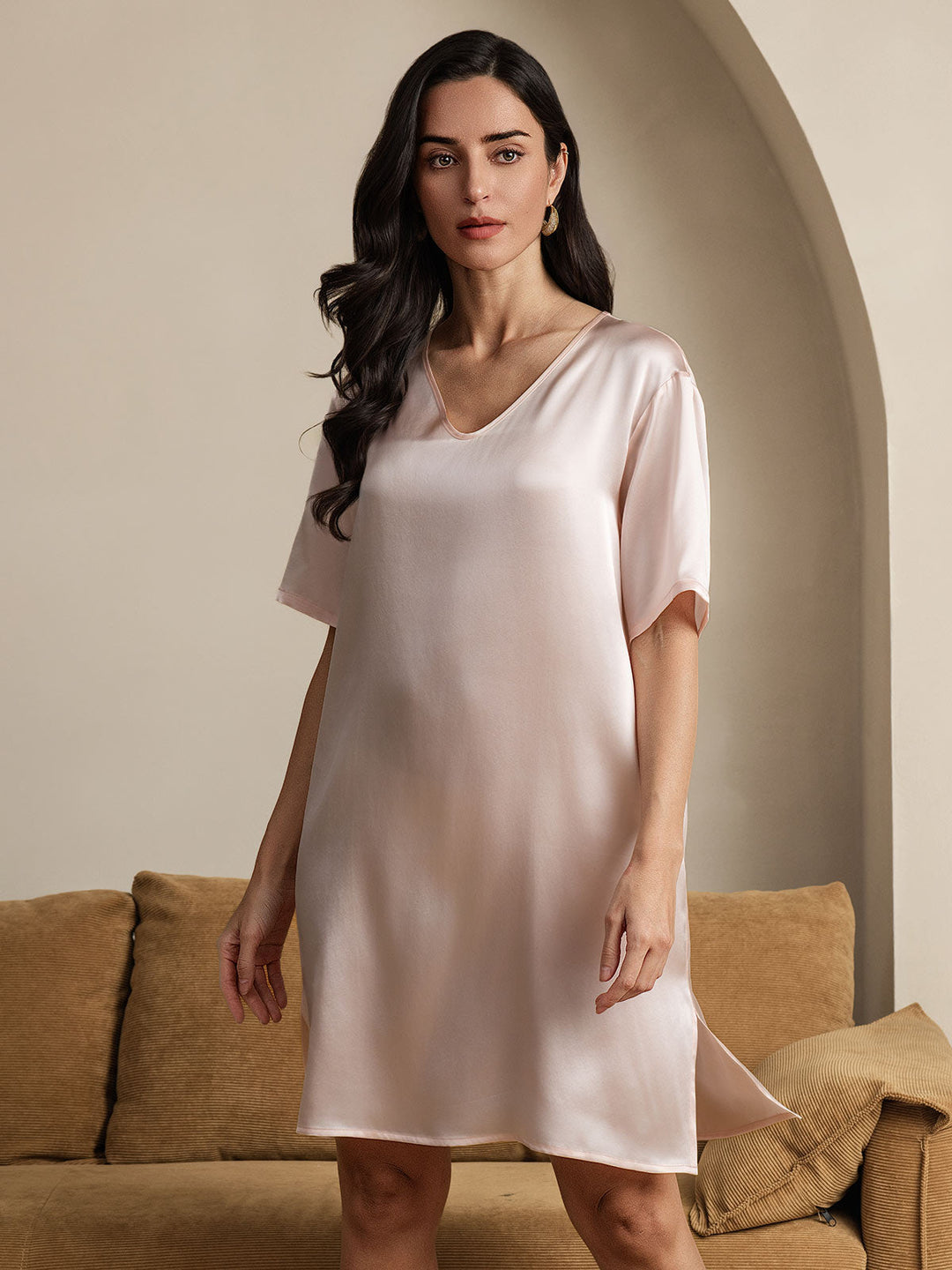 Pure Silk Half Sleeve V-neck Short Nightdress with Split Design