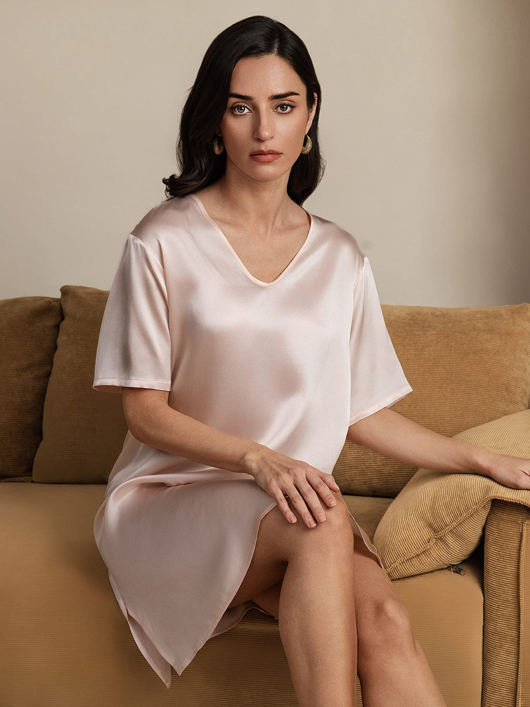 Pure Silk Half Sleeve V-neck Short Nightdress with Split Design
