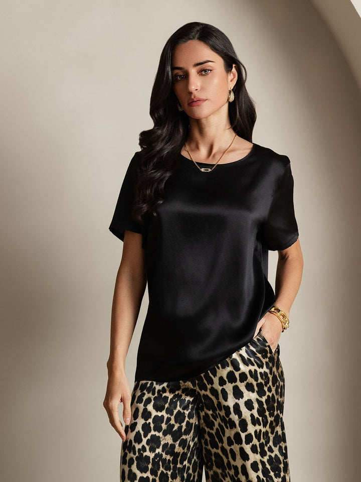 Women's Pure Silk Short Sleeve Round Neck Solid Top & Leopard Print Pants Pyjamas Set