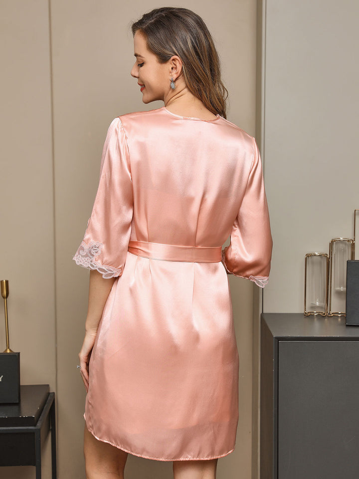 Pure Silk V Neck Short Nightdress&Dressing gowns with Lace Design