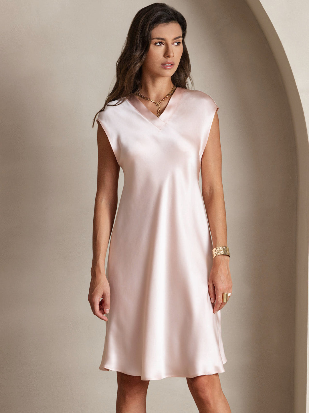 Pure Silk Cap Sleeve V Neck Knee Dress