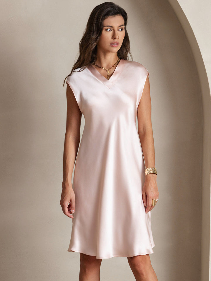Pure Silk Cap Sleeve V Neck Knee Dress