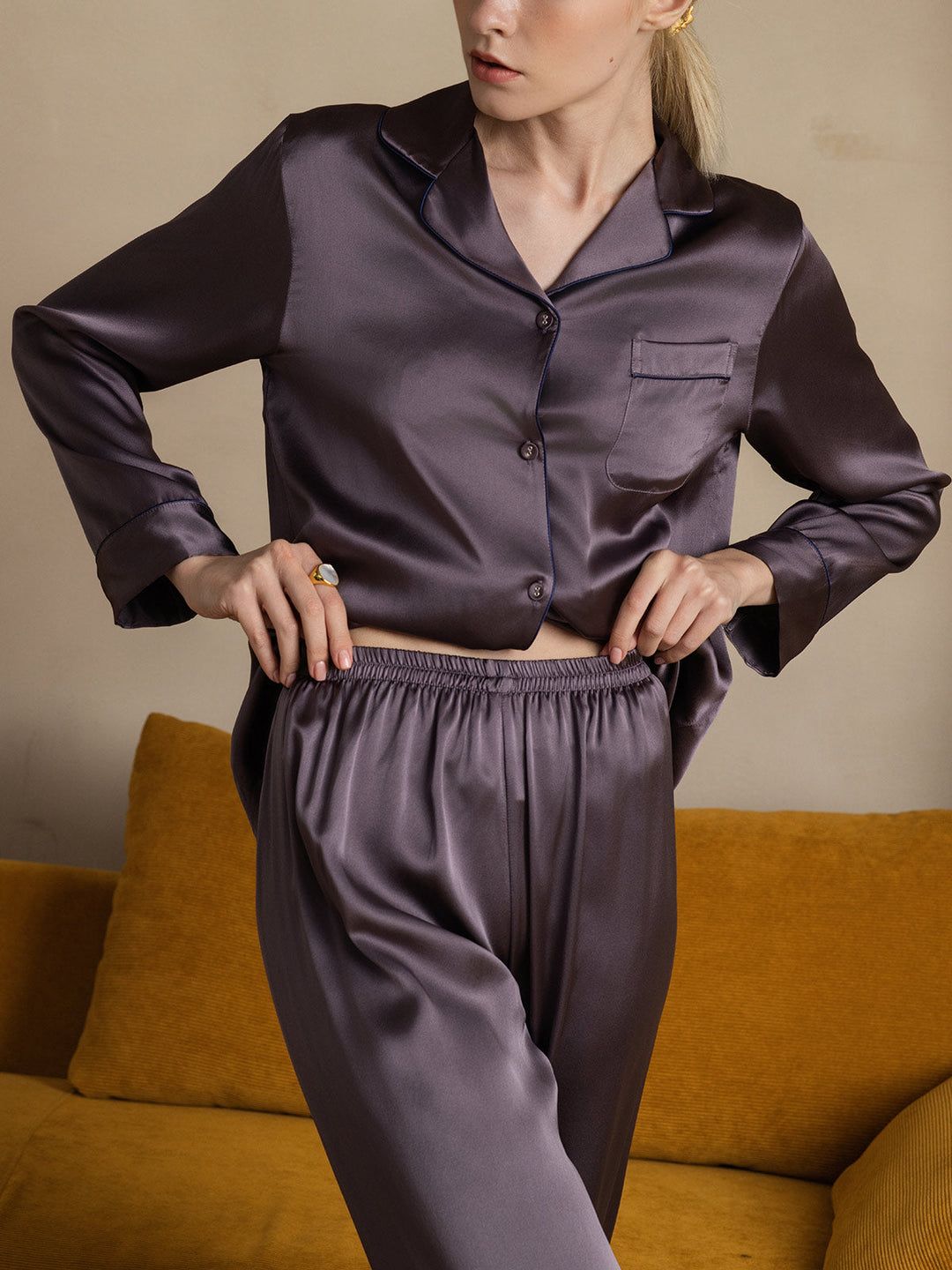 Women's Pure Silk Long Sleeve Notch Collar Pyjamas Set