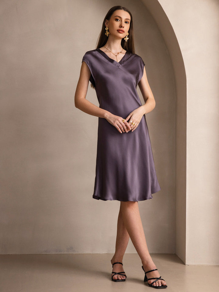 Pure Silk Cap Sleeve V Neck Knee Dress