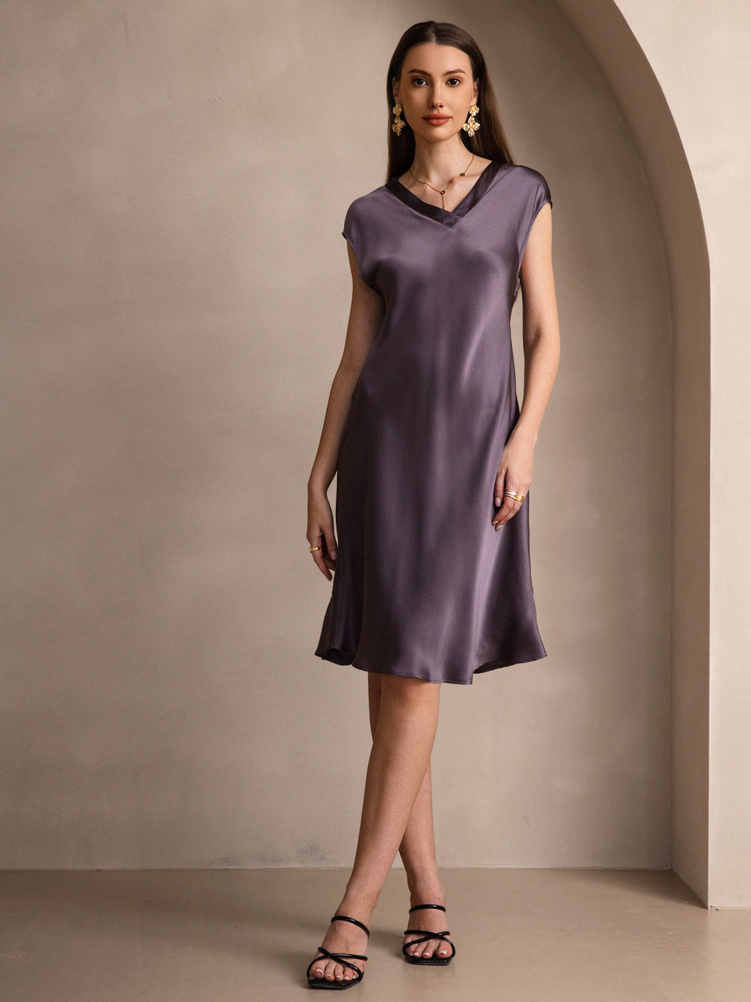 Pure Silk Cap Sleeve V Neck Knee Dress