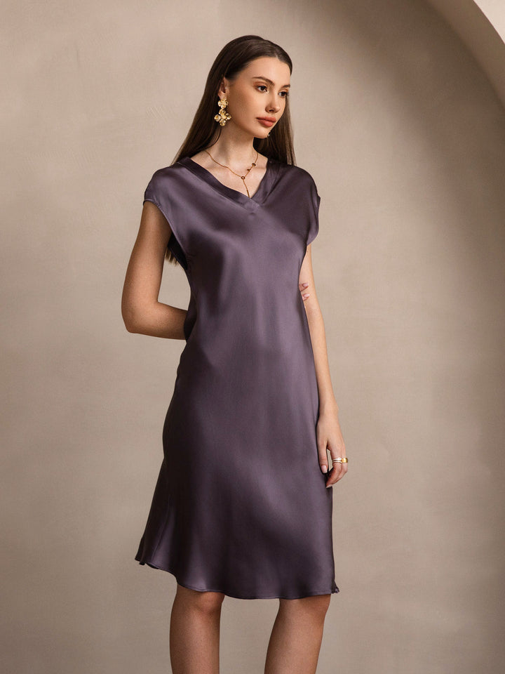 Pure Silk Cap Sleeve V Neck Knee Dress