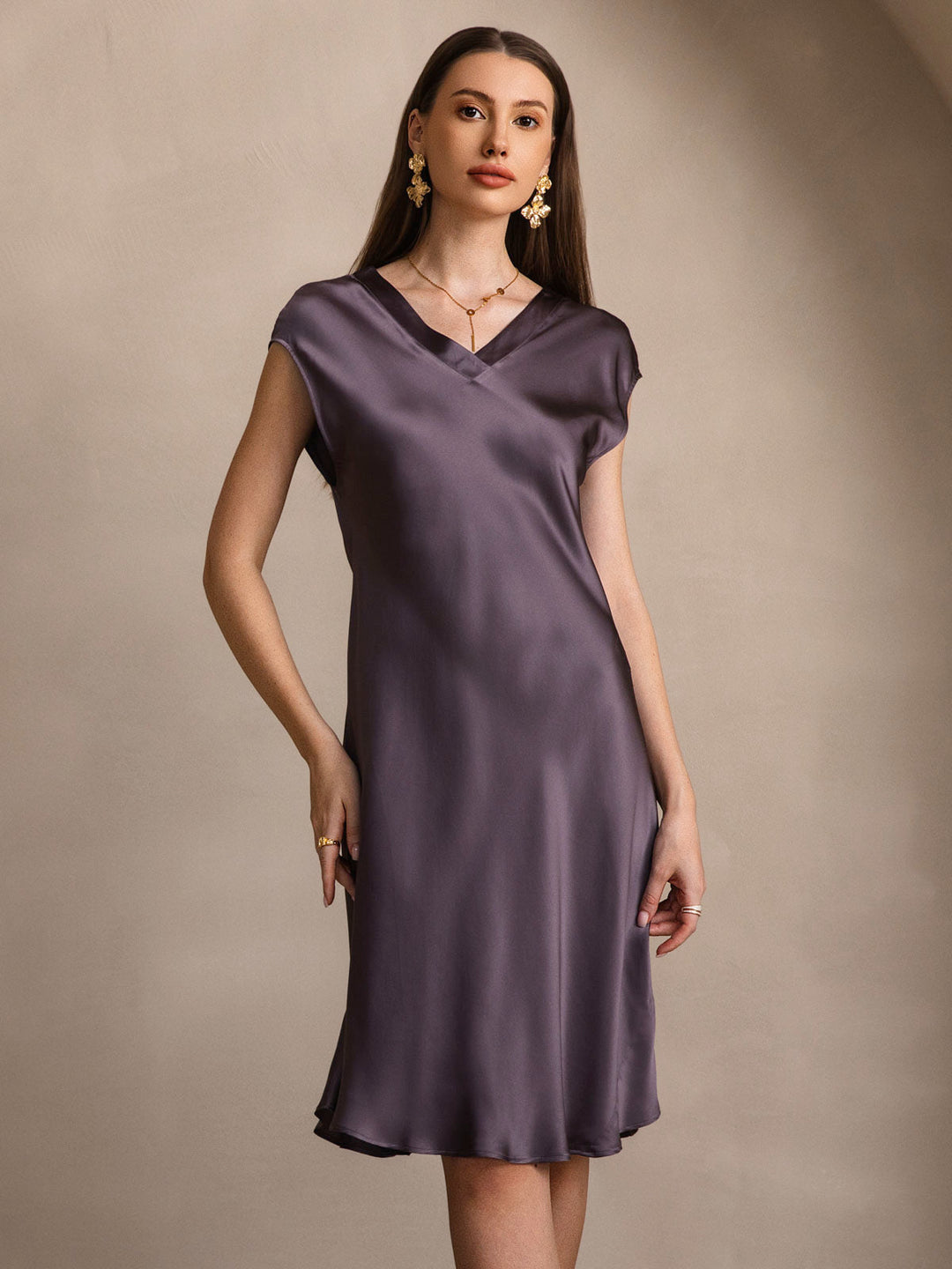 Pure Silk Cap Sleeve V-neck Knee Nightdress