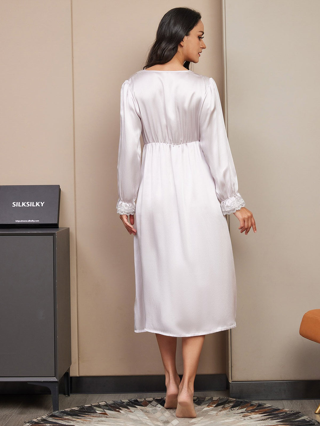 Pure Silk Long Sleeve V-neck Midi Nightdress with Lace Design