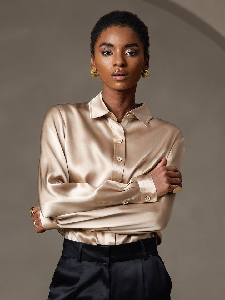19Momme Silk Long Sleeve Lapel Collar Women's Shirt