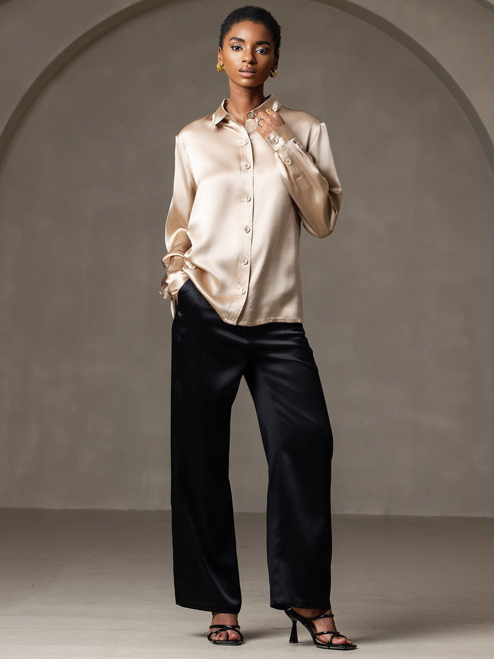 19Momme Silk Long Sleeve Lapel Collar Women's Shirt
