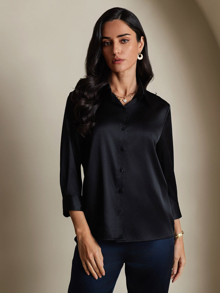 19Momme Silk 3/4 Sleeve Lapel Collar Women's Shirt with Button Up Design