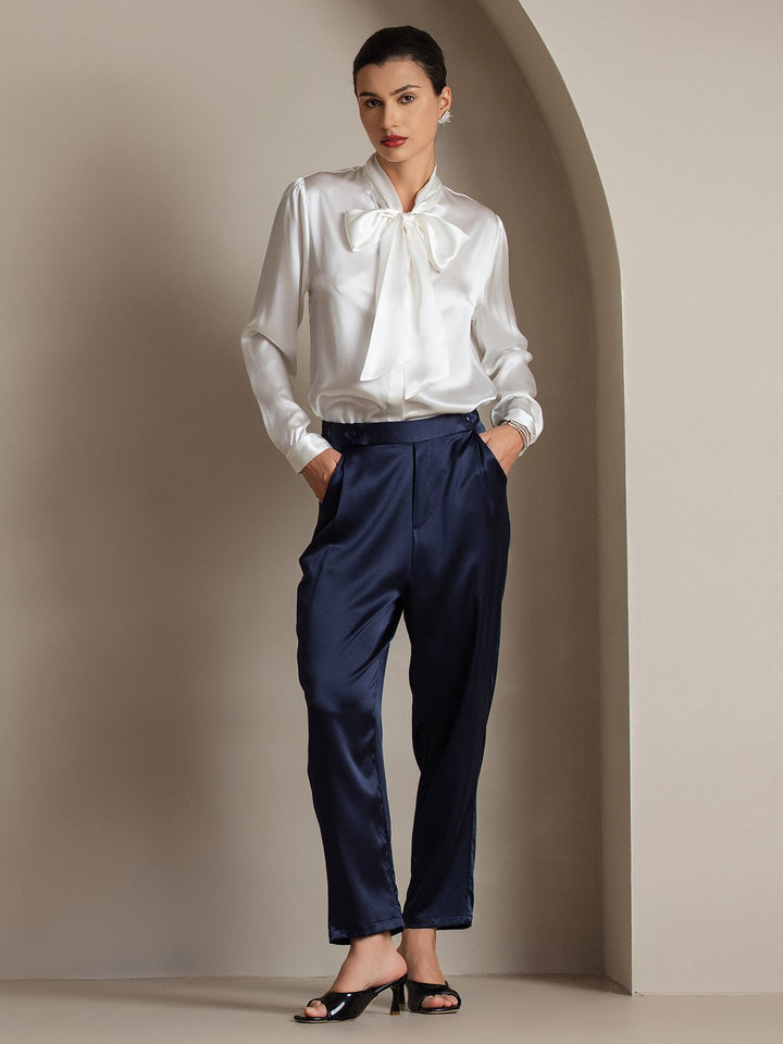 19Momme Silk Long Sleeve Tie Neck Blouse